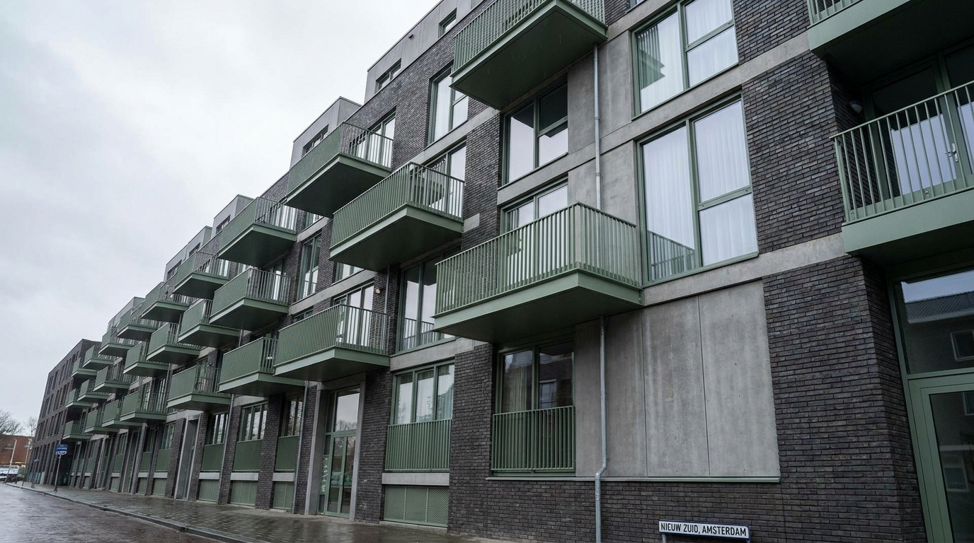 Modern Nederlands appartementencomplex, gebruikt om loan-to-value te illustreren
